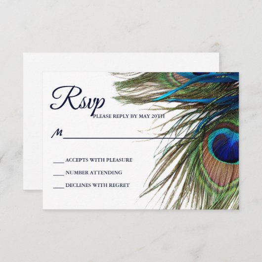 Marine Turquoise Peacock Feather Boho Wedding RSVP (Devant / Derrière)