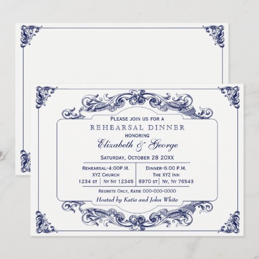  marine White Elegant Rehearsal Dinner Kaart (Voorkant / Achterkant)