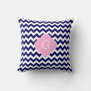 Marine Wht Chevrons ZigZag Roze Quatrefoil Monogra Kussen