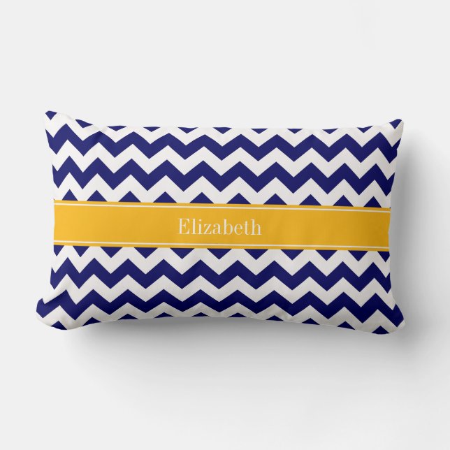 Marine Wit Chevron ZigZag Gulden Monogram Kussen (Voorkant)