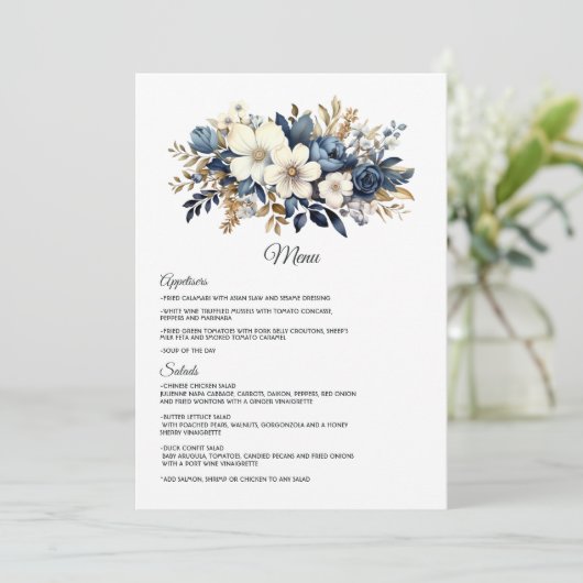 Marine, Wit en Goud Bloemen Bruiloft Menu (Staand voorkant)