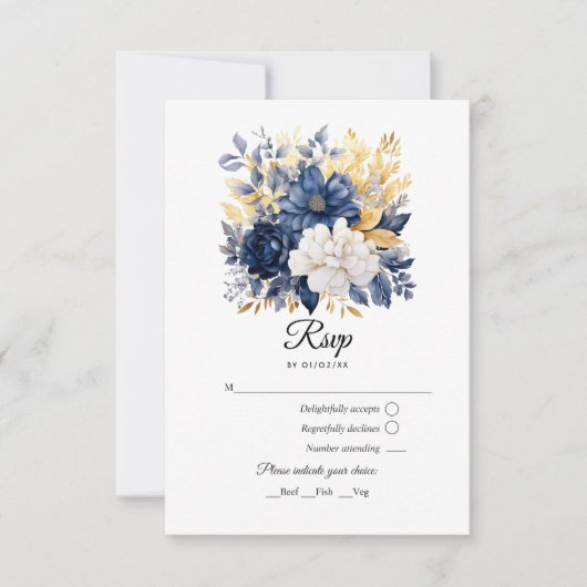 Marine, Wit en Goud Bloemen Bruiloft RSVP Kaartje (Voorkant)