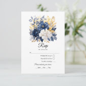 Marine, Wit en Goud Bloemen Bruiloft RSVP Kaartje (Staand voorkant)