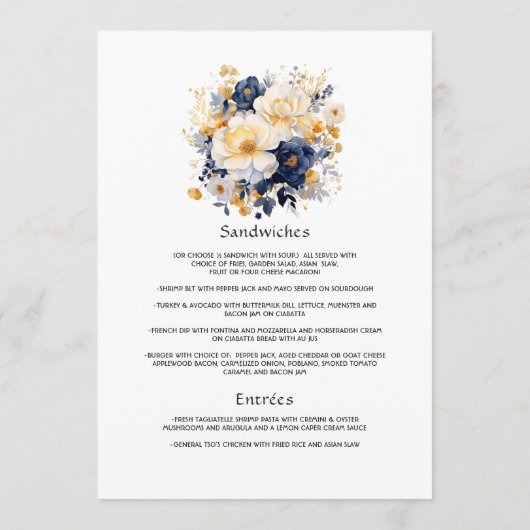 Marine, wit en goud bloemenhuwelijk menu (Achterkant)