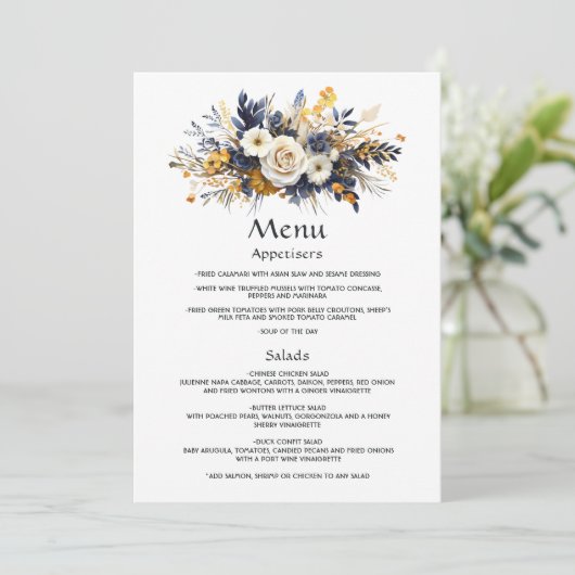 Marine, wit en goud bloemenhuwelijk menu (Staand voorkant)