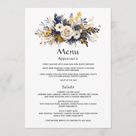 Marine, wit en goud bloemenhuwelijk menu (Voorkant)