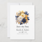 Marine, wit en goud bloemenhuwelijk save the date (Voorkant)