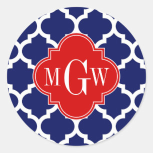 Marine Wit Marokkaans #5 Rood 3 Initiaal Monogram Ronde Sticker