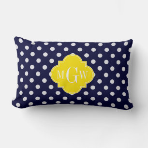 Marine Wit Stippen Geel Vierblad 3 Monogram Kussen