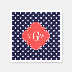 Marine Wit Stippen Koraal Quatrefoil 3 Monogram Servet