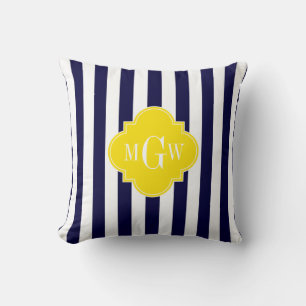 Marine Wit Streep Geel Quatrefoil 3 Monogram Kussen