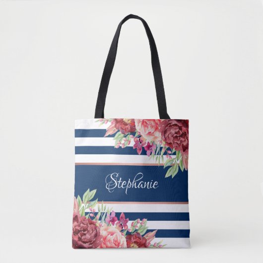 Marine witte streep moderne bloemen gepersonalisee draagtas (Voorkant)