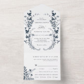 Marine & Witte Wildbloem Silhouet Krans Bruiloft All In One Uitnodiging (Binnen)