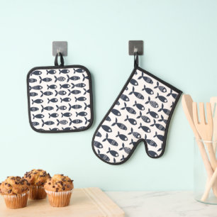 Marine Zee Vis Oceaan Strandhuis Scandinavisch Ovenwant & Pannenlap Set