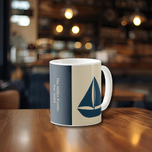 marine zeilboot met familienaam/bootnaam en gescha koffiemok