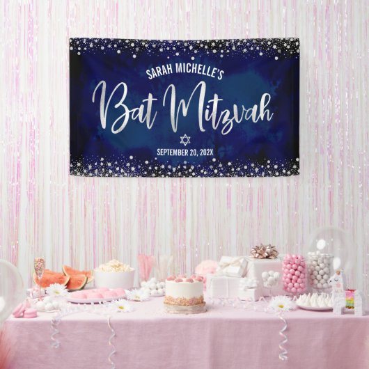 Marine Zilver Bat Mitzvah Modern Folie Glitter Sch Spandoek (Feest)
