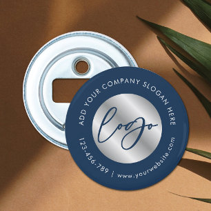 Marine & Zilver Bedrijfslogo Zakelijk Cadeau Promo Button Flesopener