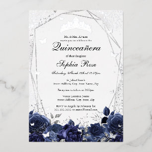 Marine Zilveren Sparkle Bloem Tiara Quinceanera Folie Uitnodiging