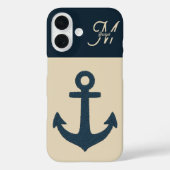 marineblauw anker met Monogram Beige Coastal Case-Mate iPhone Case (Achterkant)