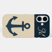 marineblauw anker met Monogram Beige Coastal Case-Mate iPhone Case (Achterkant (horizontaal))