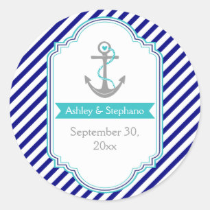 Marineblauw, aqua nautische bruiloft Save the Date Ronde Sticker