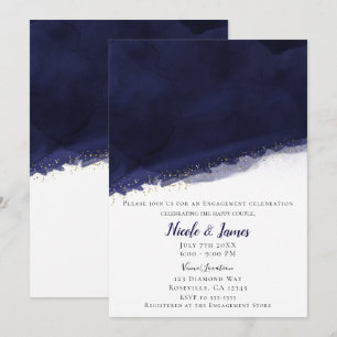 Marineblauw Aquarel & Goud Modern Chique Bruiloft Kaart