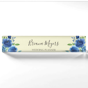 Marineblauw Aquarel Modern Bloemendesign Zakelijk Naambordje