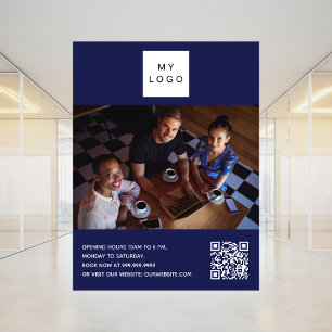 Marineblauw bedrijf logo foto welkom QR-code Poster