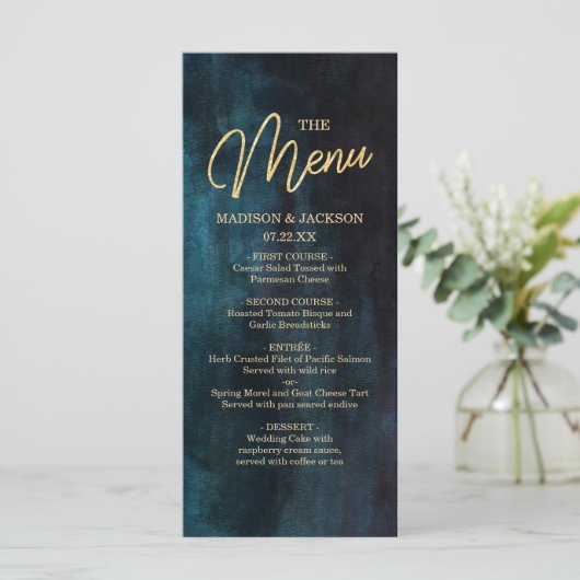 Marineblauw & Blauwgroen Waterverf & Gouden Bruilo Menu (Staand voorkant)