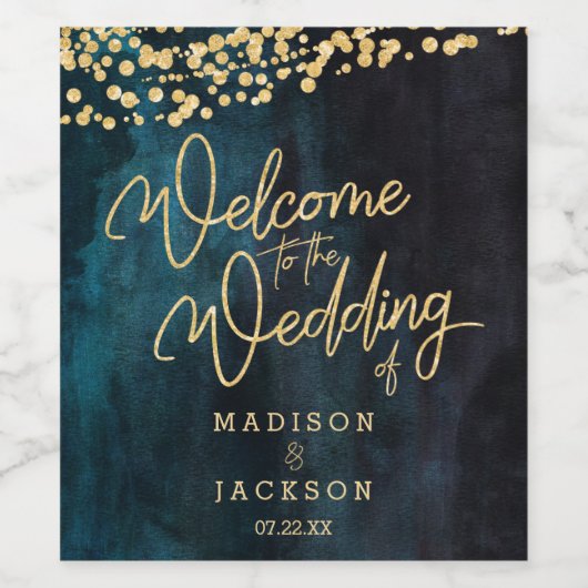 Marineblauw Blauwgroen Waterverf & Gouden Bruiloft Wijn Etiket (Enkel label)