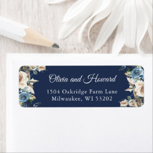 Marineblauw Bloem Motief Retouradres Label