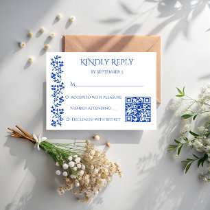 Marineblauw Bloemen Grens bruiloft qr RSVP Kaartje