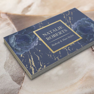 Marineblauw Bloemen Make-up Artiest Haarsalon Visitekaartje