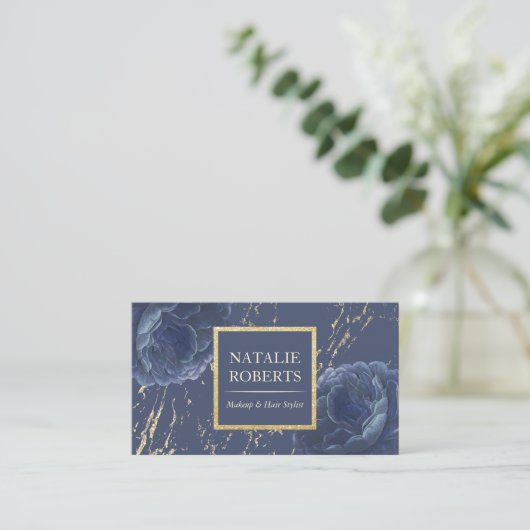 Marineblauw Bloemen Make-up Artiest Haarsalon Visitekaartje (Staand voorkant)