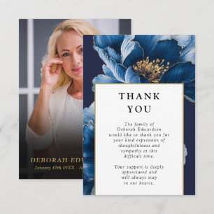 Marineblauw Bloemen Viering van het Leven Uitvaart Bedankkaart