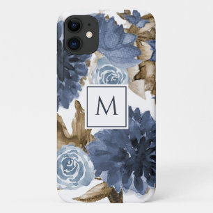 Marineblauw Bloemen Waterverf Bruin Foliage Initia iPhone 11 Hoesje