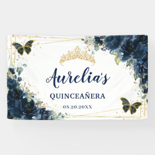 Marineblauw Bloemenvlinders XV Welkom Achtergrond Spandoek