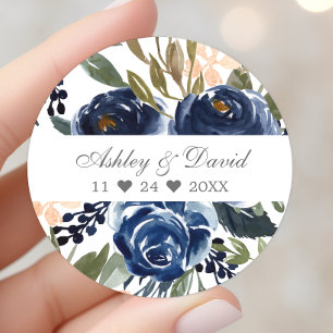 Marineblauw Bloemmotief Waterverf Bruiloft Ronde Sticker