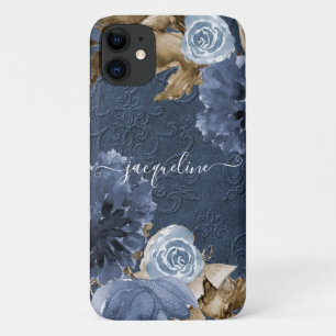 Marineblauw Bloemrijk Aquarel Bruin Lofwerk Monogr iPhone 11 Hoesje