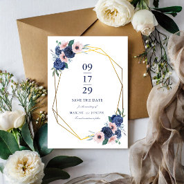 Marineblauw & Blush Bloemige Geometrische Huwelijk Save The Date