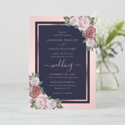 Marineblauw Blush Roos Goud Bloemen Bruiloft Kaart (Staand voorkant)