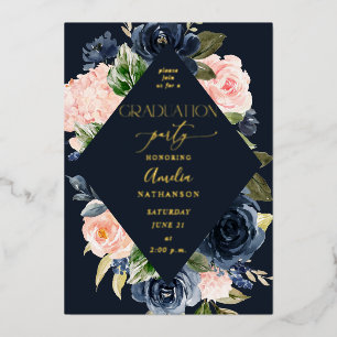 Marineblauw & Blush Roze Bloemen Graduation Party Folie Uitnodiging