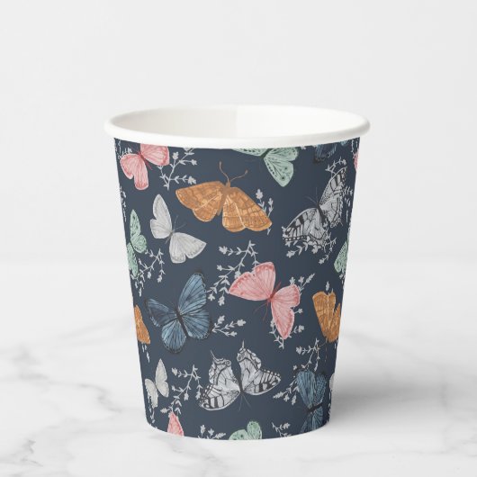 Marineblauw Boho Vlinder Shower Feest Tafelgerei Papieren Bekers (Links)