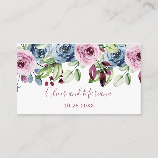 Marineblauw Bourgogne Bloemenbruiloft Website Informatiekaartje (Achterkant)