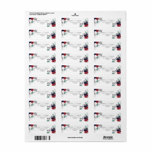 Marineblauw Bourgogne Gotische Bloemen Bruiloft Ad Etiket (Full Sheet)