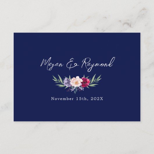 Marineblauw Bourgondië & Blush Bloemen Goud Lijst Informatiekaartje (Achterkant)
