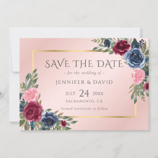 Marineblauw Bourgondië Blush Roze Gouden Bloemen Save The Date