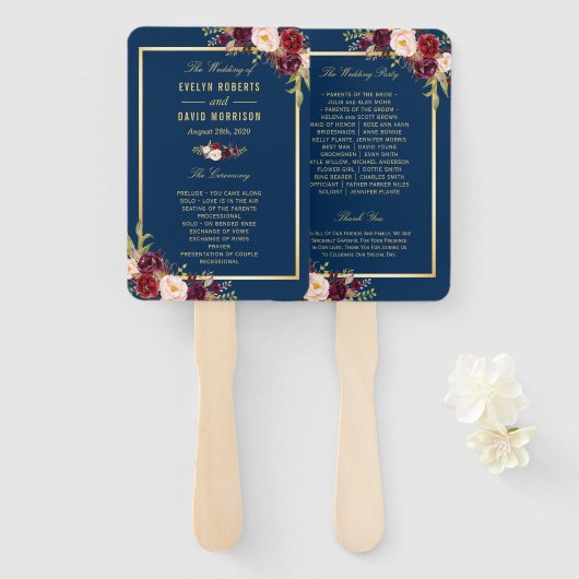 Marineblauw Bourgondië Floral Gold huwelijksprogra Handwaaier (Voorkant en achterkant)