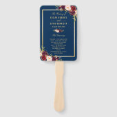 Marineblauw Bourgondië Floral Gold huwelijksprogra Handwaaier (Voorkant)