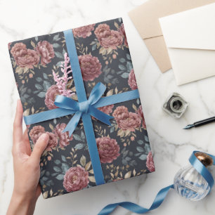 Marineblauw Bourgondië Rood Bloemig Verjaardag Cadeaupapier